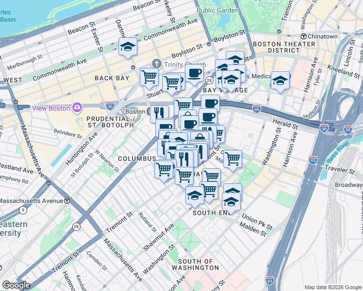 map of restaurants, bars, coffee shops, grocery stores, and more near 77 Warren Avenue in Boston