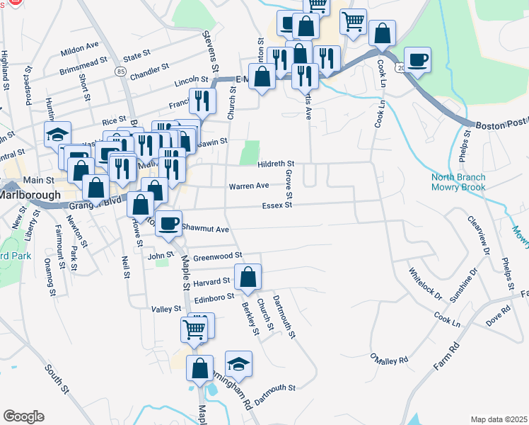 map of restaurants, bars, coffee shops, grocery stores, and more near 119 Essex Street in Marlborough