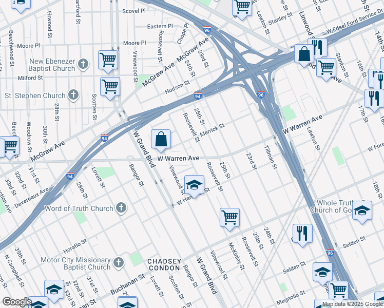 map of restaurants, bars, coffee shops, grocery stores, and more near 3800 West Warren Avenue in Detroit