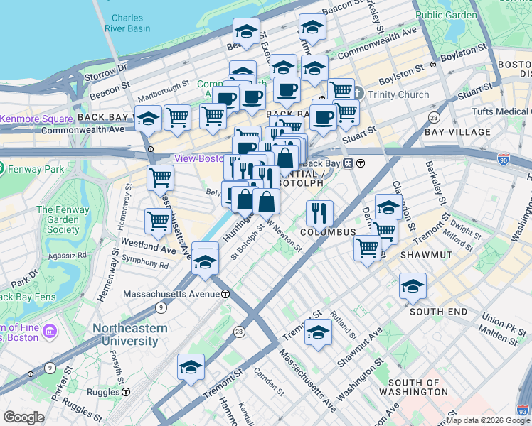 map of restaurants, bars, coffee shops, grocery stores, and more near 94 Saint Botolph Street in Boston