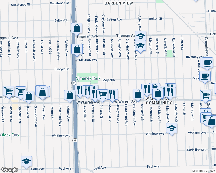 map of restaurants, bars, coffee shops, grocery stores, and more near 7303 Memorial Street in Detroit