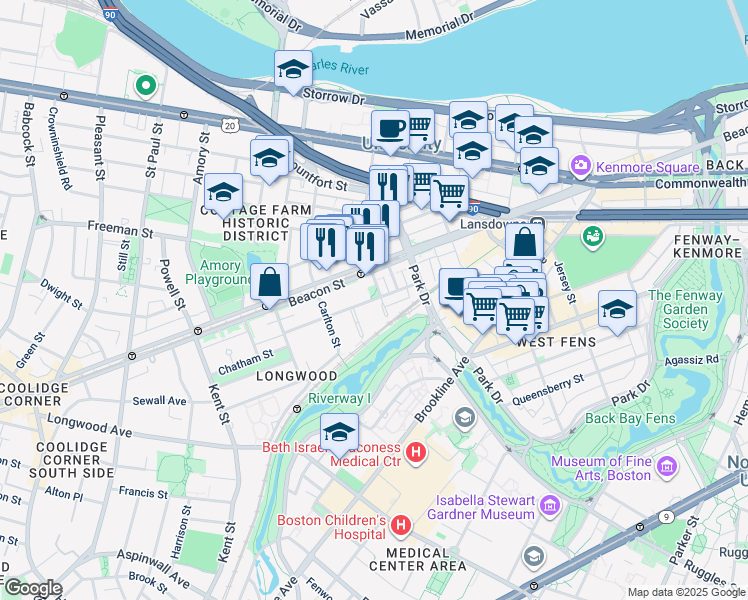 map of restaurants, bars, coffee shops, grocery stores, and more near 34 Medfield Street in Boston