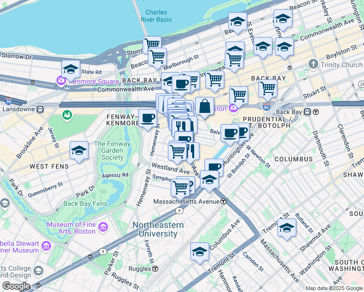 map of restaurants, bars, coffee shops, grocery stores, and more near 216 Massachusetts Avenue in Boston