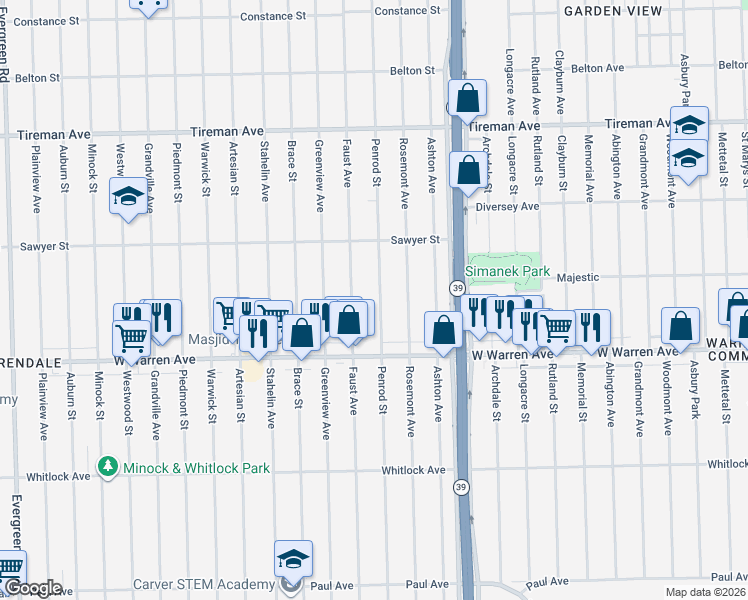 map of restaurants, bars, coffee shops, grocery stores, and more near 7305 Penrod Street in Detroit