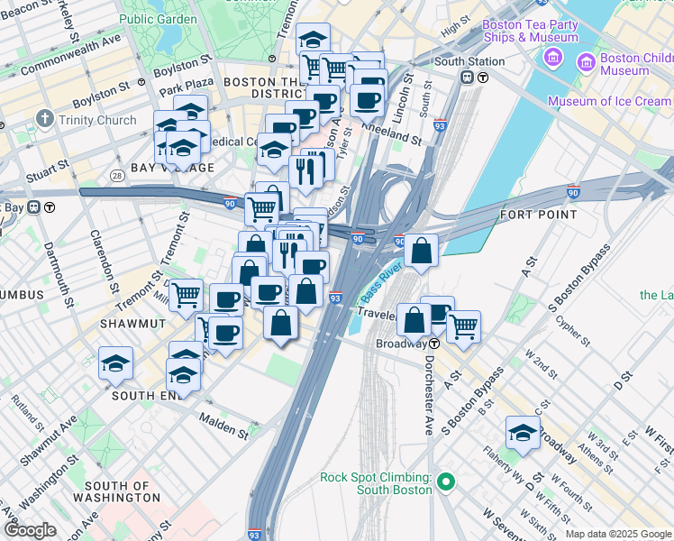 map of restaurants, bars, coffee shops, grocery stores, and more near 202 Albany Street in Boston