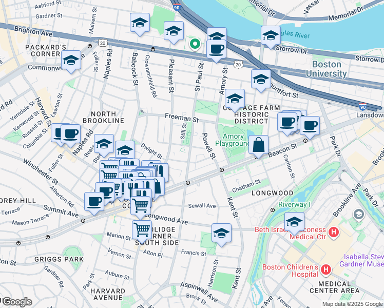 map of restaurants, bars, coffee shops, grocery stores, and more near 217 Saint Paul Street in Brookline