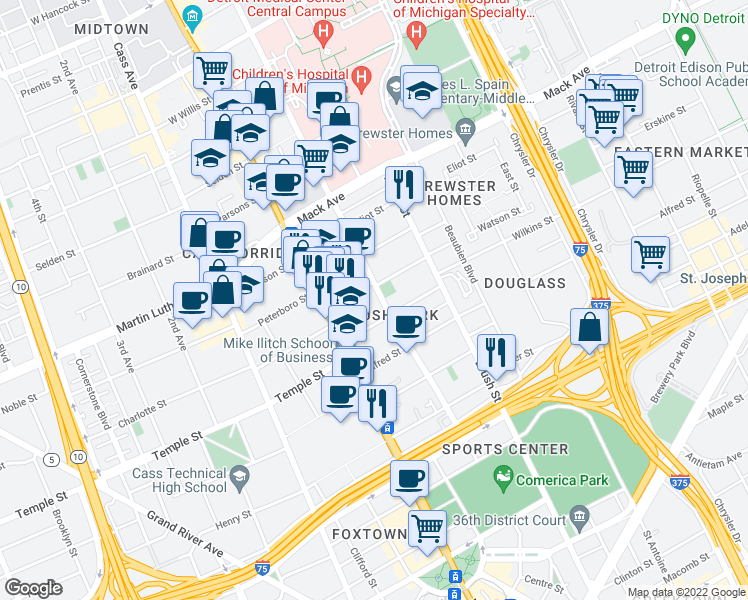 map of restaurants, bars, coffee shops, grocery stores, and more near in Detroit