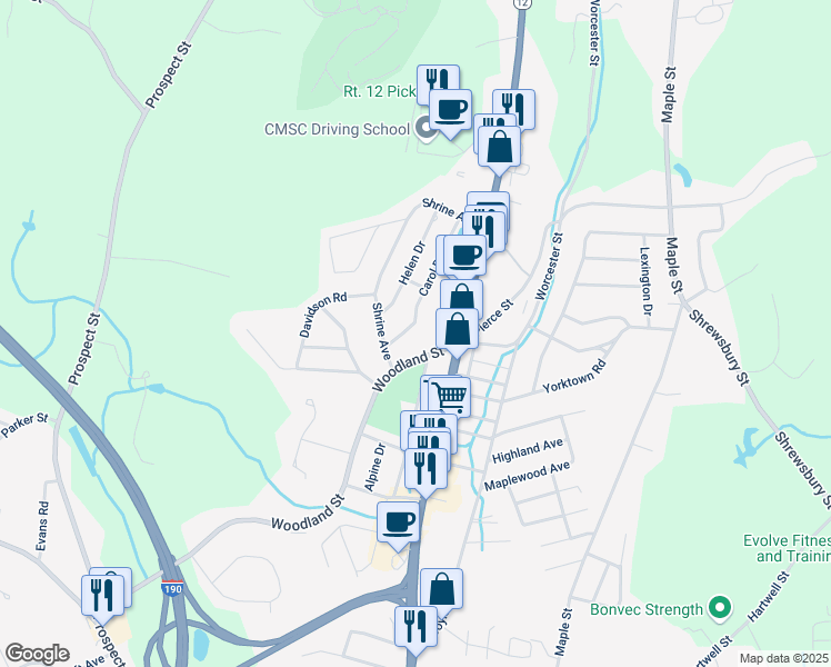 map of restaurants, bars, coffee shops, grocery stores, and more near 12 Phillips Drive in West Boylston