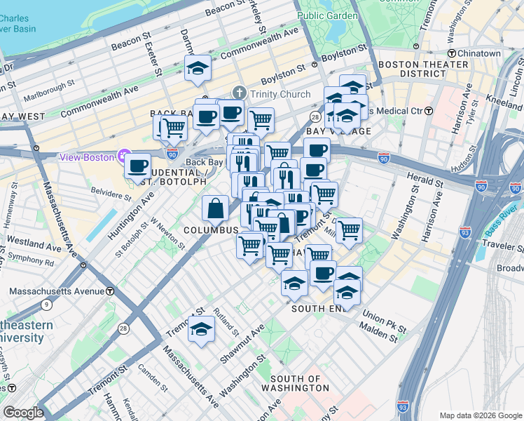map of restaurants, bars, coffee shops, grocery stores, and more near in Boston