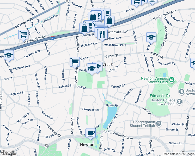 map of restaurants, bars, coffee shops, grocery stores, and more near 457 Walnut Street in Newton