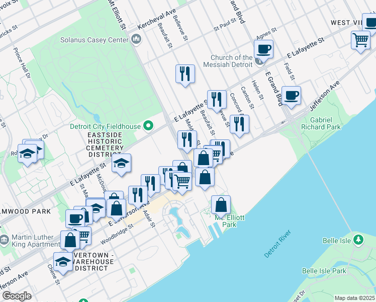 map of restaurants, bars, coffee shops, grocery stores, and more near 500 Mount Elliott Street in Detroit