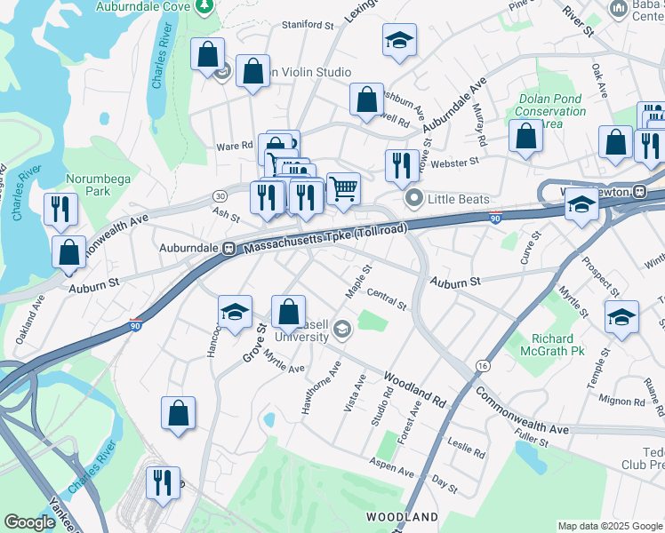 map of restaurants, bars, coffee shops, grocery stores, and more near 101 Central Street in Newton