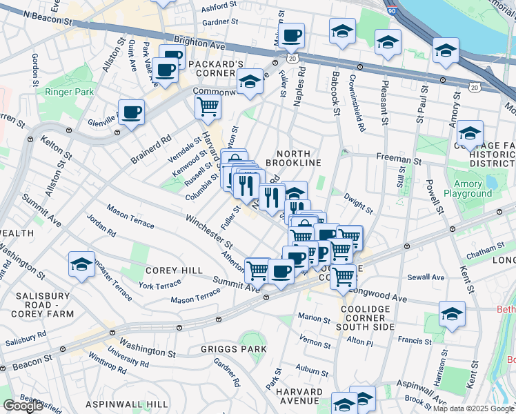 map of restaurants, bars, coffee shops, grocery stores, and more near 13 Beals Street in Brookline