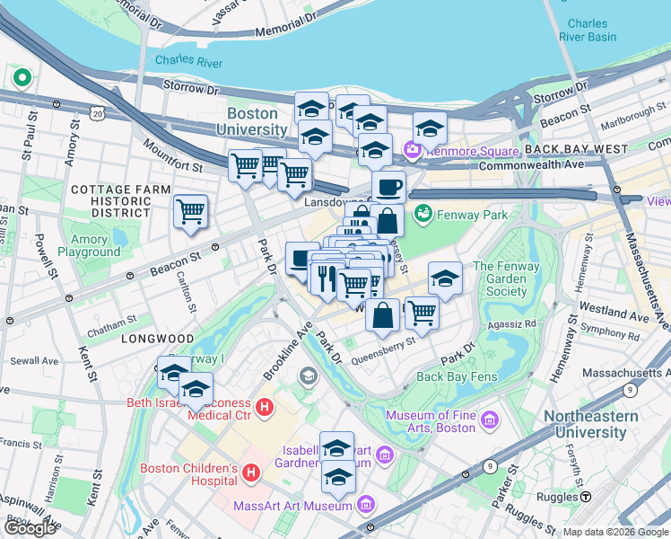 map of restaurants, bars, coffee shops, grocery stores, and more near Fullerton Street in Boston