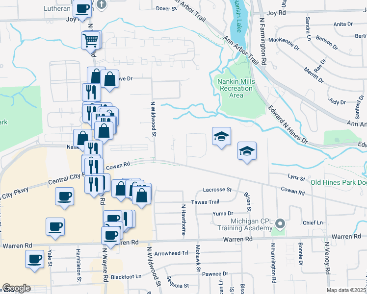 map of restaurants, bars, coffee shops, grocery stores, and more near 7834 Moonwood Place in Westland