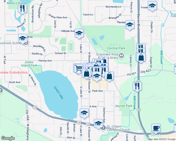 map of restaurants, bars, coffee shops, grocery stores, and more near 30 North Slusser Street in Grayslake