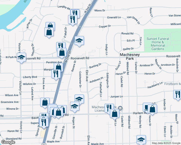 map of restaurants, bars, coffee shops, grocery stores, and more near 1006 Knightsbridge Dr in Machesney Park