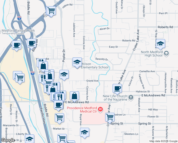 map of restaurants, bars, coffee shops, grocery stores, and more near 1520 Johnson Street in Medford