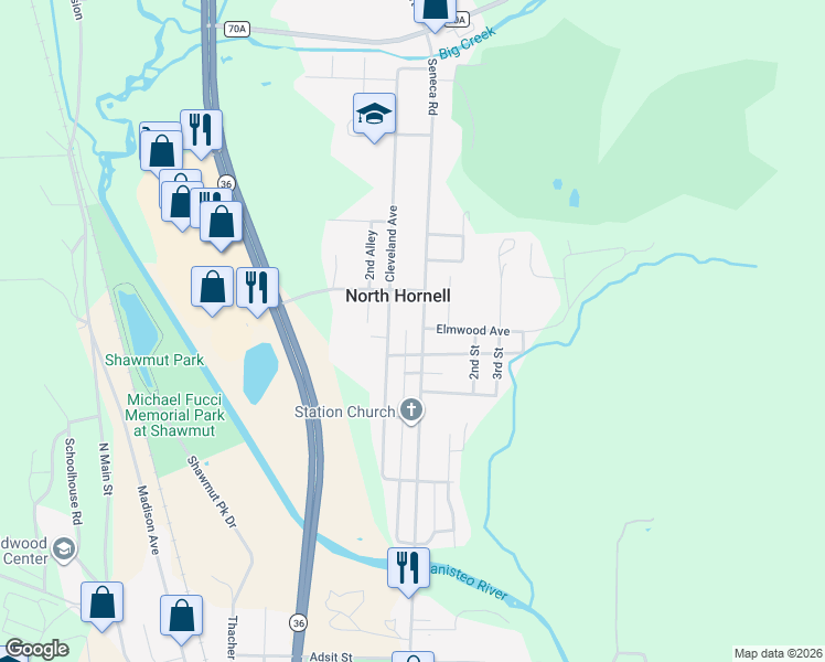map of restaurants, bars, coffee shops, grocery stores, and more near 380 Seneca Road in Hornell
