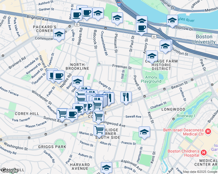 map of restaurants, bars, coffee shops, grocery stores, and more near 15 Dwight Street in Brookline