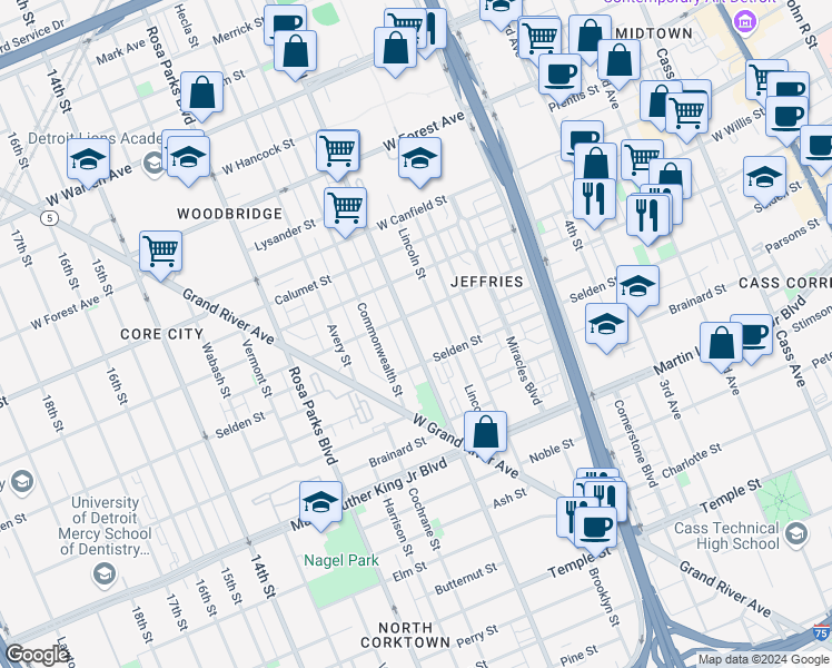 map of restaurants, bars, coffee shops, grocery stores, and more near 3962 Trumbull Avenue in Detroit