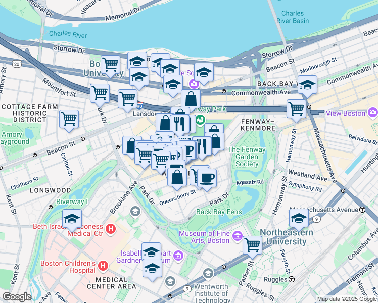 map of restaurants, bars, coffee shops, grocery stores, and more near 55 Yawkey Way in Boston