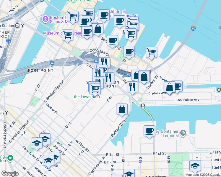 map of restaurants, bars, coffee shops, grocery stores, and more near 80 Fargo Street in Boston