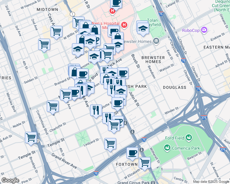 map of restaurants, bars, coffee shops, grocery stores, and more near 3100 Woodward Avenue in Detroit
