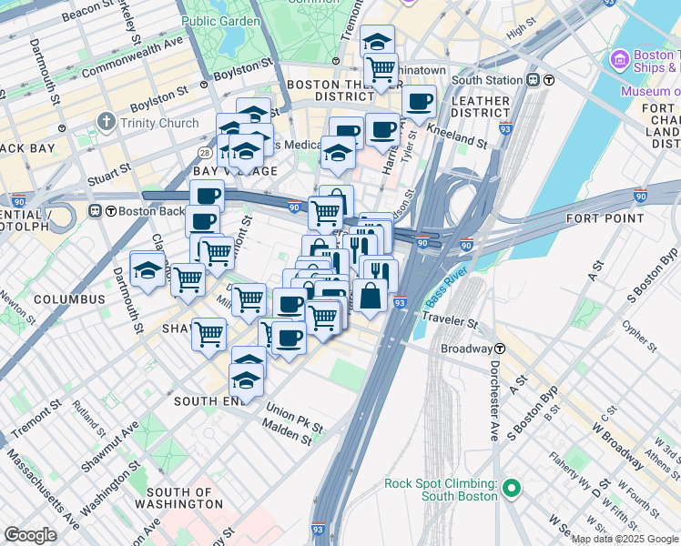 map of restaurants, bars, coffee shops, grocery stores, and more near 341 Harrison Avenue in Boston
