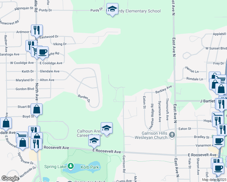 map of restaurants, bars, coffee shops, grocery stores, and more near 639 Eiffel Drive in Battle Creek