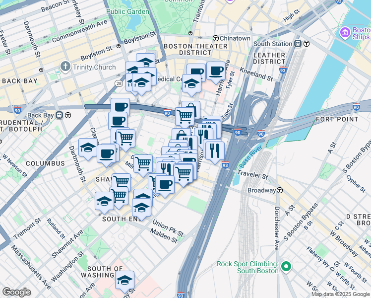 map of restaurants, bars, coffee shops, grocery stores, and more near 345 Harrison Avenue in Boston