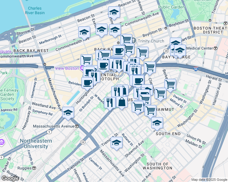 map of restaurants, bars, coffee shops, grocery stores, and more near 33 Holyoke Street in Boston