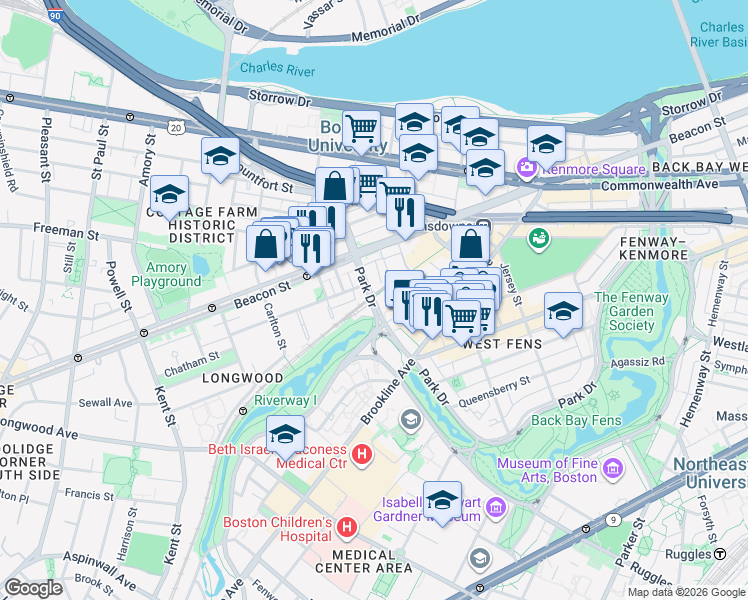 map of restaurants, bars, coffee shops, grocery stores, and more near 425 Park Drive in Boston