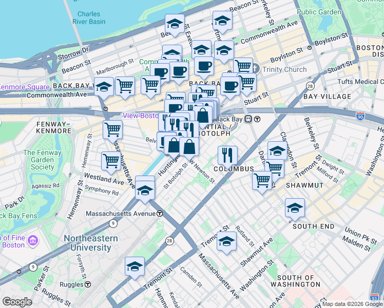 map of restaurants, bars, coffee shops, grocery stores, and more near 95 Saint Botolph Street in Boston