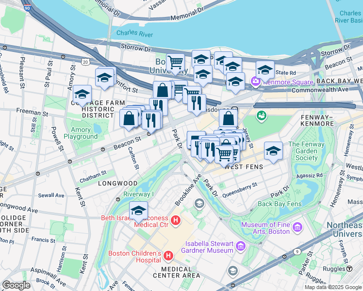 map of restaurants, bars, coffee shops, grocery stores, and more near 440 Park Drive in Boston