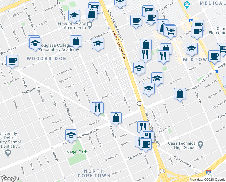map of restaurants, bars, coffee shops, grocery stores, and more near 1326 Selden Street in Detroit