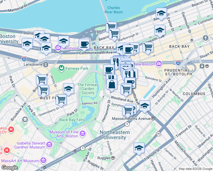 map of restaurants, bars, coffee shops, grocery stores, and more near 42 Fenway in Boston
