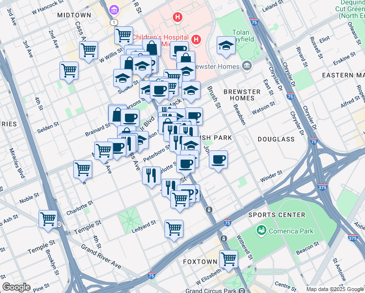 map of restaurants, bars, coffee shops, grocery stores, and more near 3100 Woodward Avenue in Detroit