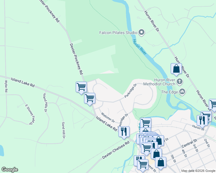 map of restaurants, bars, coffee shops, grocery stores, and more near 8561 Parkridge Drive in Dexter
