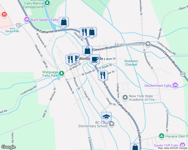 map of restaurants, bars, coffee shops, grocery stores, and more near 204 Owego Street in Montour Falls