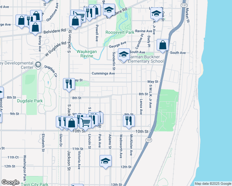 map of restaurants, bars, coffee shops, grocery stores, and more near 628 8th Street in Waukegan