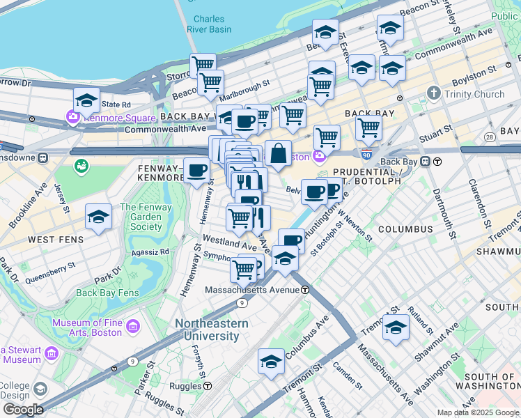 map of restaurants, bars, coffee shops, grocery stores, and more near 216 Massachusetts Avenue in Boston