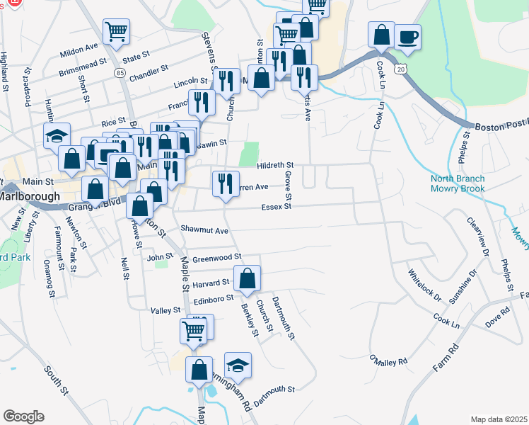 map of restaurants, bars, coffee shops, grocery stores, and more near 119 Essex Street in Marlborough