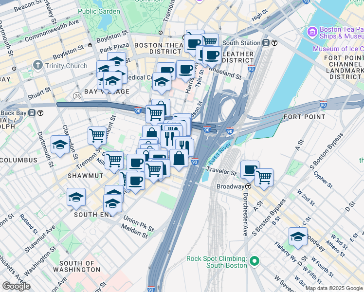 map of restaurants, bars, coffee shops, grocery stores, and more near 348 Harrison Avenue in Boston
