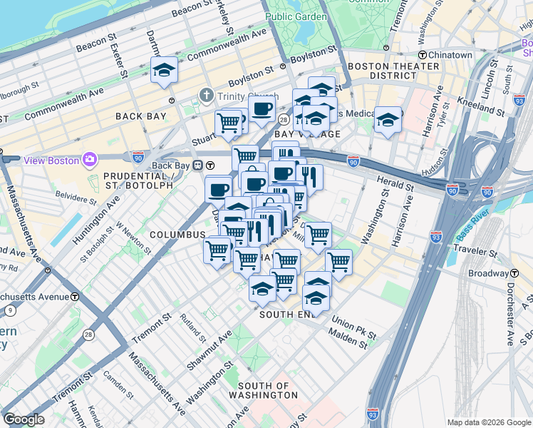 map of restaurants, bars, coffee shops, grocery stores, and more near 34 Warren Avenue in Boston