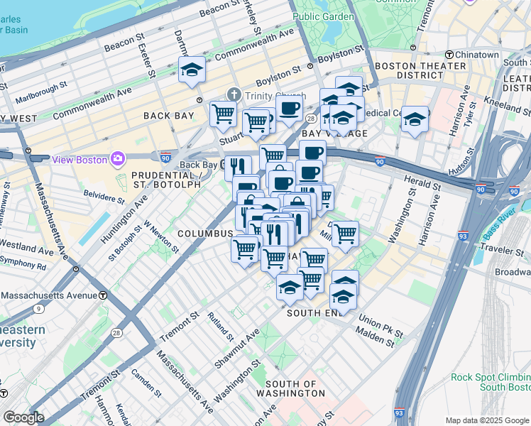 map of restaurants, bars, coffee shops, grocery stores, and more near 77 Warren Avenue in Boston