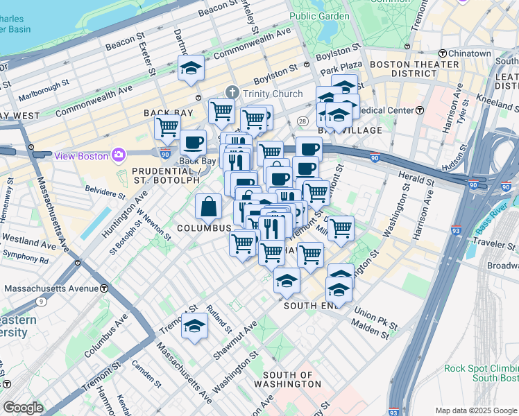 map of restaurants, bars, coffee shops, grocery stores, and more near 67 Dartmouth Street in Boston