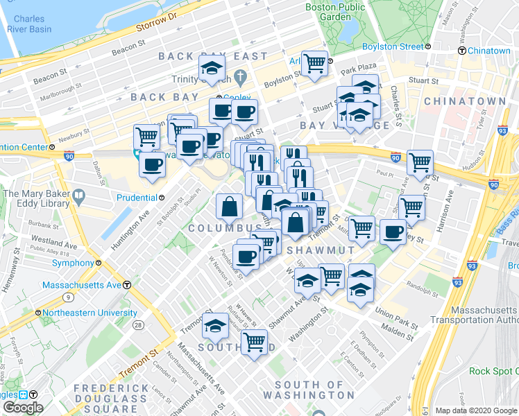 map of restaurants, bars, coffee shops, grocery stores, and more near 67 Dartmouth Street in Boston