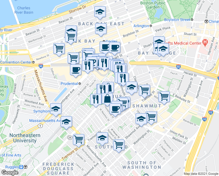 map of restaurants, bars, coffee shops, grocery stores, and more near in Boston