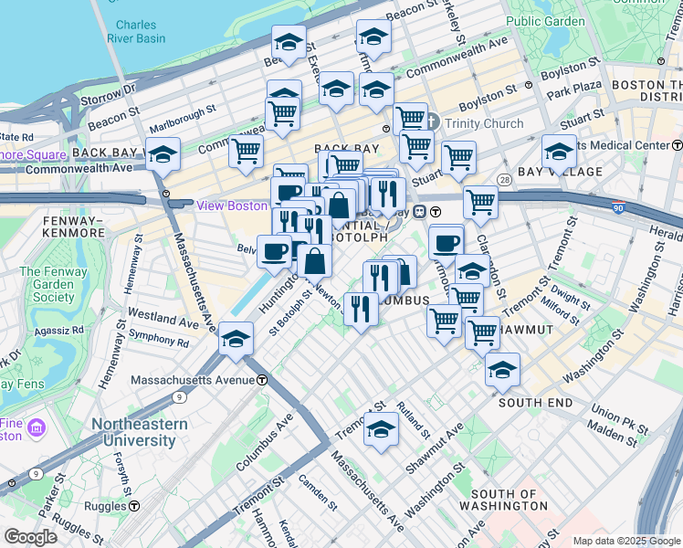map of restaurants, bars, coffee shops, grocery stores, and more near in Boston